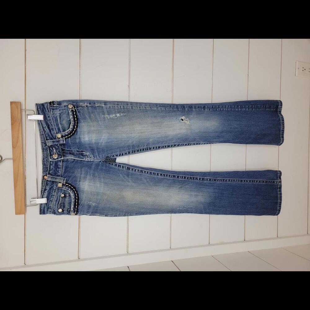 MISS ME 27" distressed boot cut blue jeans with decorative pockets